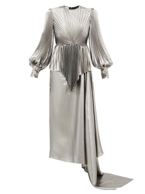 Matchesfashion.com Gucci - Balloon Sleeve Pleated Silk Blend Lam Gown - Womens - Silver