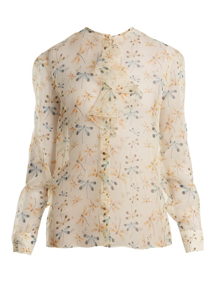 Rochas Dragonfly-print Ruffle-trimmed Silk-organza Blouse