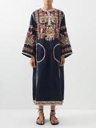 Vita Kin - Milena Floral-embroidered Linen Kaftan Dress - Womens - Navy Multi