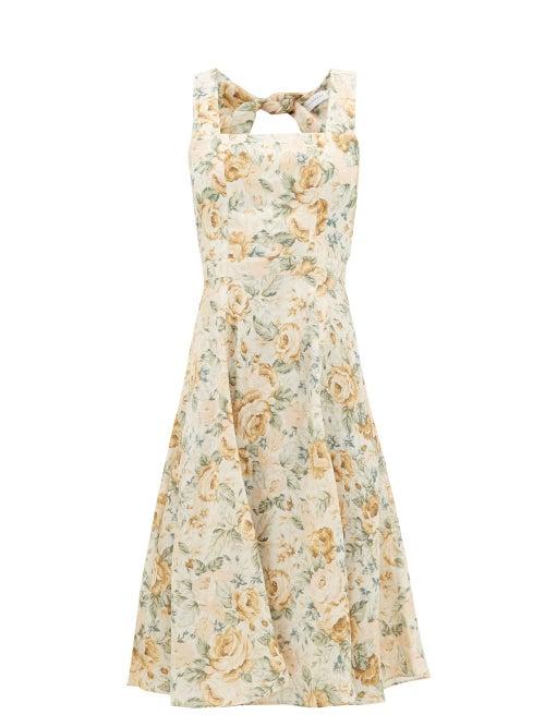 Matchesfashion.com Ephemera - Troika Cutout-back Floral-print Linen Dress - Womens - Yellow Multi