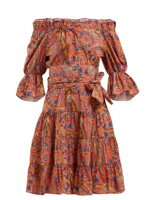 Matchesfashion.com Etro - Airwaves Off The Shoulder Cotton Dress - Womens - Pink Print