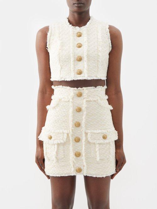 Balmain - Frayed-trim Tweed Sleeveless Cropped Top - Womens - White