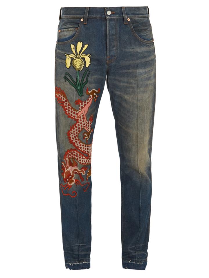 Gucci Dragon-embroidered Appliqu Jeans