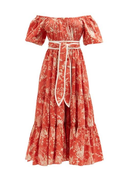 Hester Bly - Noor Ema Tropical-print Cotton-poplin Dress - Womens - Red Print