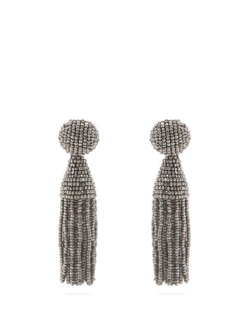 Matchesfashion.com Oscar De La Renta - Bead Embellished Tassel Drop Earrings - Womens - Silver
