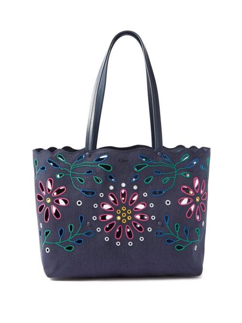 Chlo - Kamilla Floral-cutout Linen Tote Bag - Womens - Navy Multi