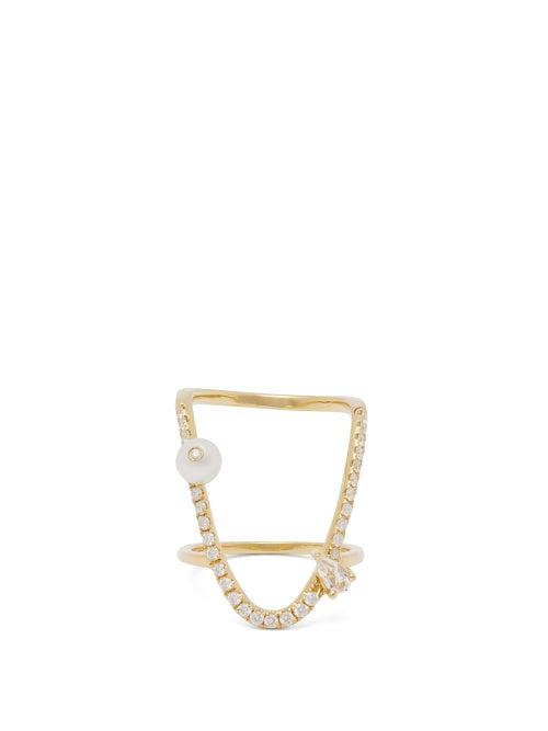 Matchesfashion.com Anissa Kermiche - U Diamond, White Sapphire & Pearl Ring - Womens - Yellow Gold