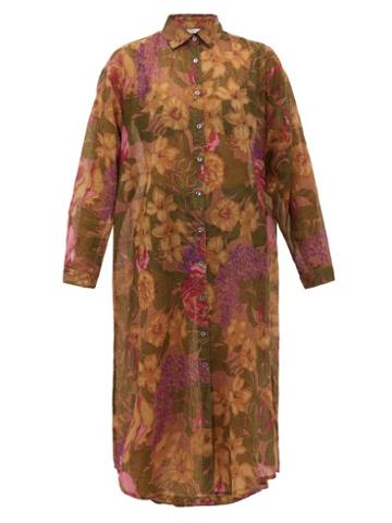 Matchesfashion.com Mes Demoiselles - Amaranto Floral-print Cotton-blend Shirt Dress - Womens - Green Print