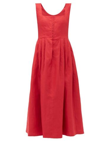 Matchesfashion.com Gioia Bini - Chiara Pleated Linen Midi Dress - Womens - Red