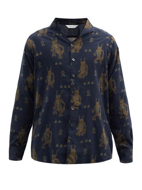 Matchesfashion.com Sasquatchfabrix - Mayoke Talisman-print Cotton-blend Shirt - Mens - Navy