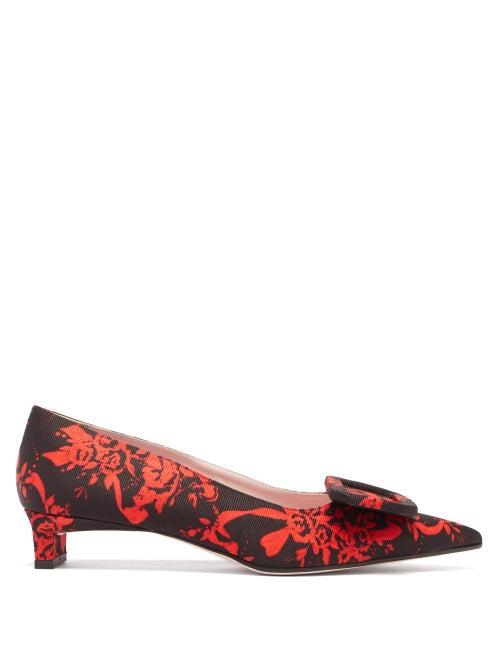 Matchesfashion.com Emilia Wickstead - Viviene Buckle Point-toe Floral-brocade Pumps - Womens - Black Red