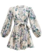 Ladies Beachwear Zimmermann - Cassia Floral-print Linen-poplin Wrap Dress - Womens - Blue Print