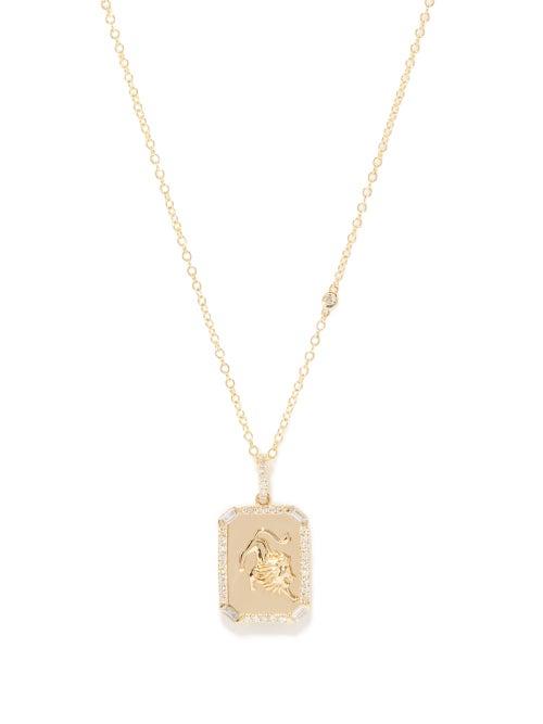 Shay - Leo Diamond & 18kt Gold Zodiac Necklace - Womens - Green