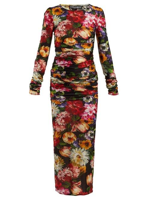 Matchesfashion.com Dolce & Gabbana - Floral Print Ruched Midi Dress - Womens - Black Multi