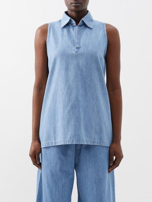 Eskandar - Open-collar Denim Sleeveless Top - Womens - Light Blue