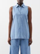 Eskandar - Open-collar Denim Sleeveless Top - Womens - Light Blue