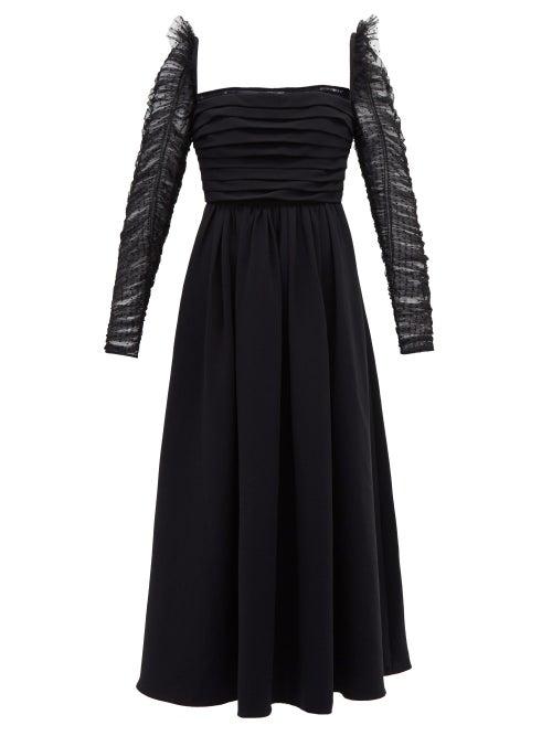 Matchesfashion.com Self-portrait - Ruffled Dot Mesh-sleeve Crepe Midi Dress - Womens - Black