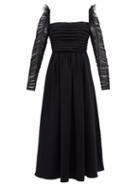 Matchesfashion.com Self-portrait - Ruffled Dot Mesh-sleeve Crepe Midi Dress - Womens - Black