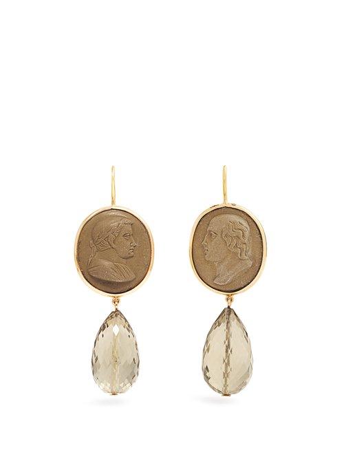 Matchesfashion.com Brigid Blanco - Quartz And Yellow Gold Earrings - Womens - Green