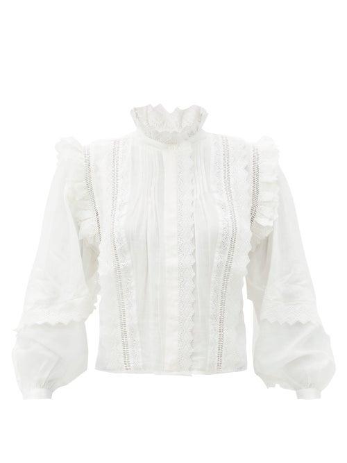 Matchesfashion.com Frame - Natalie Ruffled-lace Ramie-poplin Blouse - Womens - White