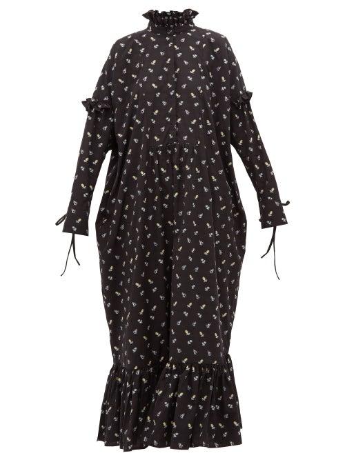 Matchesfashion.com Cecilie Bahnsen - Nanna Floral Jacquard Ruffle Trimmed Dress - Womens - Black Blue