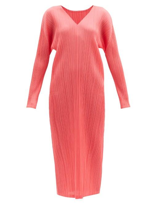 Matchesfashion.com Pleats Please Issey Miyake - V-neck Technical-pleated Midi Dress - Womens - Pink