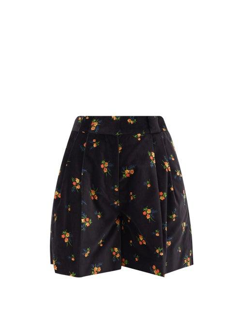 Matchesfashion.com Blaz Milano - Tulip Pleated Floral Cotton-velvet Shorts - Womens - Black Multi