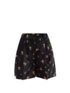 Matchesfashion.com Blaz Milano - Tulip Pleated Floral Cotton-velvet Shorts - Womens - Black Multi
