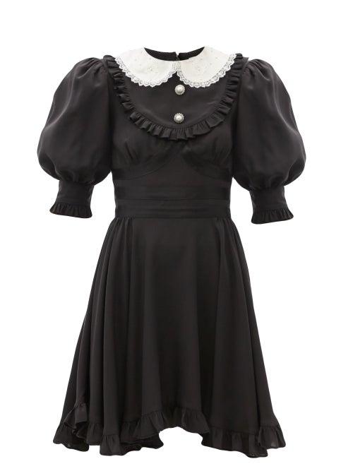 Matchesfashion.com Alessandra Rich - Embellished-collar Ruffled Silk-crepe Dress - Womens - Black