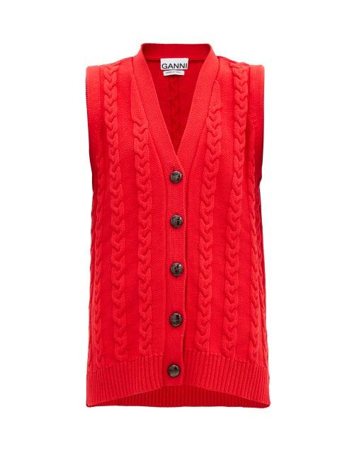 Matchesfashion.com Ganni - V-neck Cable-knit Cotton-blend Sleeveless Cardigan - Womens - Red