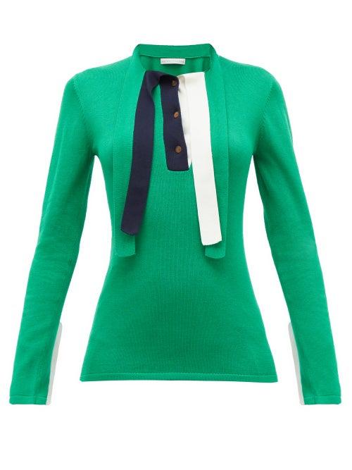 Matchesfashion.com Palmer//harding - Revan Tie-neck Cotton And Modal Jersey Sweater - Womens - Green