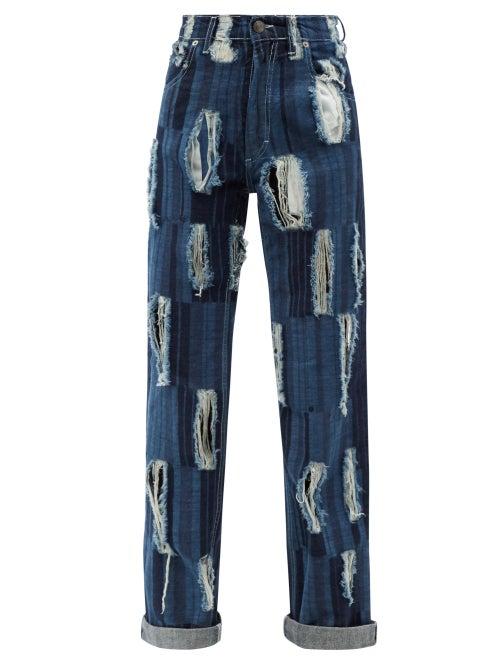 Charles Jeffrey Loverboy - High-rise Distressed Striped Straight-leg Jeans - Womens - Mid Denim