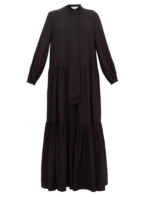 Matchesfashion.com Tibi - Pussy-bow Tiered Silk Maxi Dress - Womens - Black
