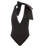 Matchesfashion.com Fendi - Bow-shoulder Halterneck Swimsuit - Womens - Black