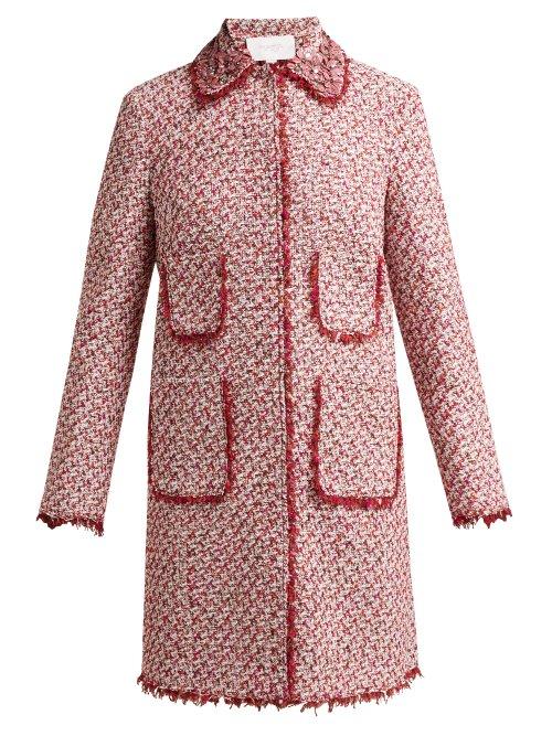 Matchesfashion.com Giambattista Valli - Bead Embroidered Single Breasted Tweed Coat - Womens - Burgundy Multi