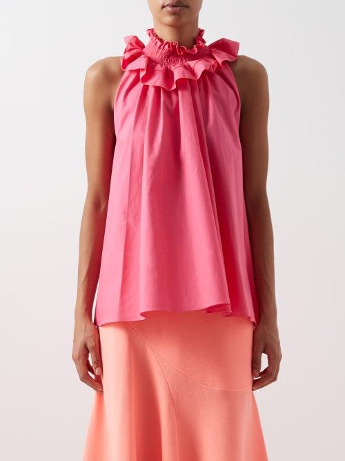 Roksanda - Afia Ruffled-halterneck Cotton-poplin Top - Womens - Fuchsia