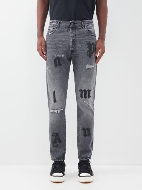 Palm Angels - Letter-appliqu Denim Slim-leg Jeans - Mens - Grey