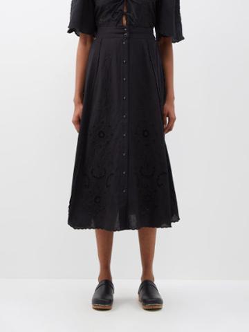 Sea - Kiara Floral-embroidered Button-down Skirt - Womens - Black