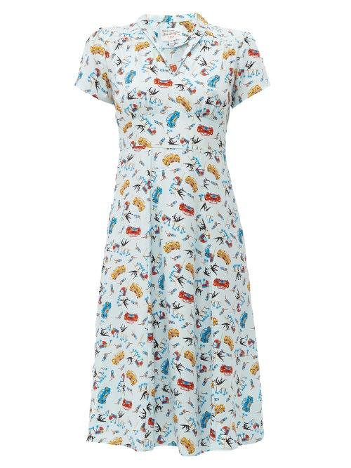 Matchesfashion.com Hvn - Morgan Car Print Silk Midi Dress - Womens - Light Blue