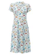 Matchesfashion.com Hvn - Morgan Car Print Silk Midi Dress - Womens - Light Blue