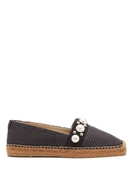 Ladies Shoes Jimmy Choo - Dru Pearl-embellished Raffia Espadrilles - Womens - Black