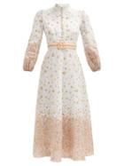 Matchesfashion.com Zimmermann - Carnaby Belted Floral-print Linen Midi Dress - Womens - Orange Print