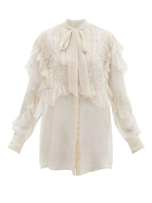 Matchesfashion.com Valentino - Pussy-bow Lace-trimmed Silk-chiffon Blouse - Womens - Cream