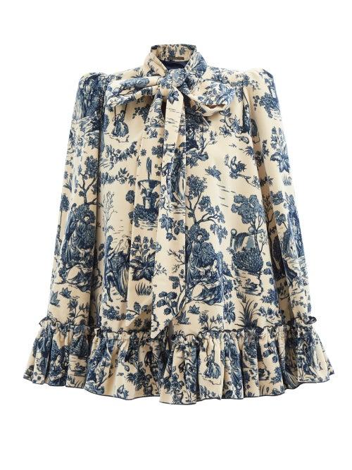 The Vampire's Wife - The Crusader Toile De Jouy-print Velvet Cape - Womens - Blue Print