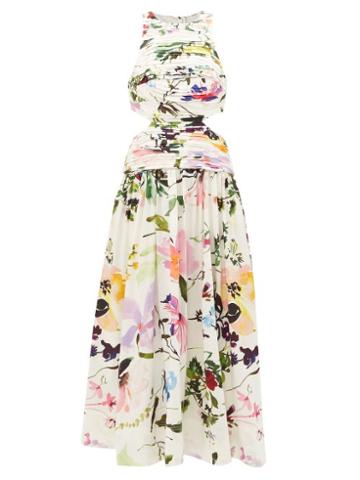 Aje - Introspect Cutout Floral Linen-blend Twill Dress - Womens - White Multi