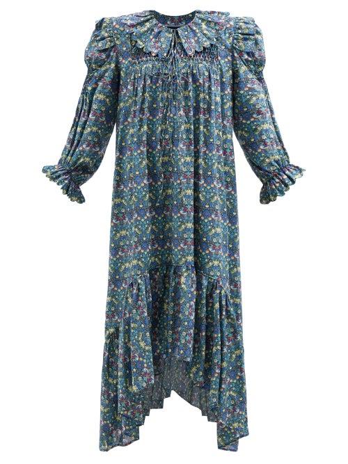 Horror Vacui - Defensia Strawberry Thief-print Cotton Dress - Womens - Blue Multi