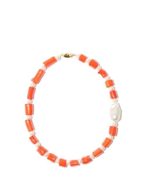 Ladies Jewellery Timeless Pearly - Pearl & Reconstituted Sea-bamboo Choker Necklace - Womens - Orange Multi