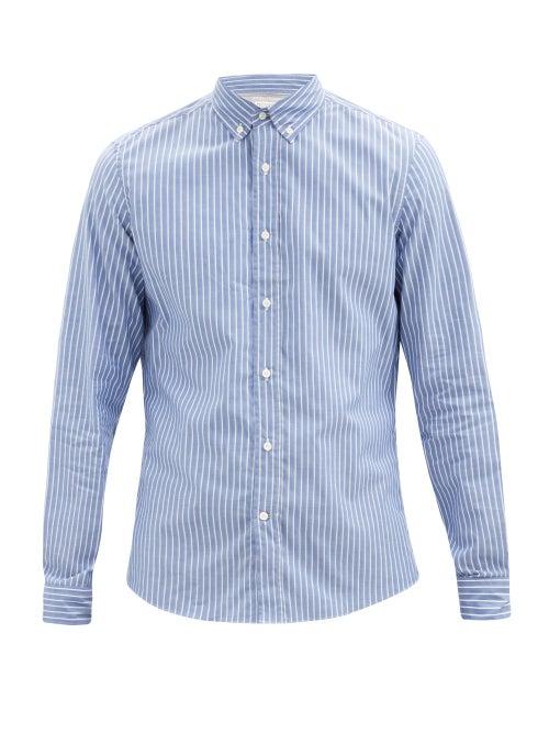 Matchesfashion.com Brunello Cucinelli - Buttoned-collar Striped Cotton-poplin Shirt - Mens - Blue Multi