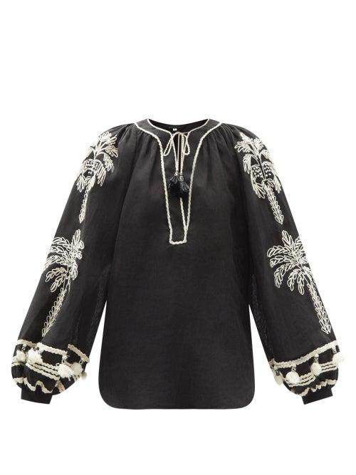 Matchesfashion.com Johanna Ortiz - Cursos Del Rio Embroidered Linen-blend Dress - Womens - Black