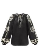 Matchesfashion.com Johanna Ortiz - Cursos Del Rio Embroidered Linen-blend Dress - Womens - Black